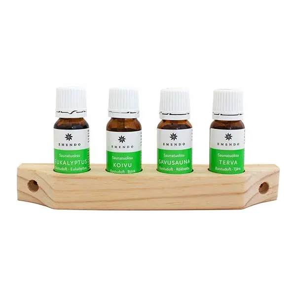 Szauna illatosítók 4×10 ml, fa fali tartóval