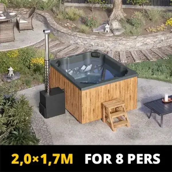 Akciós - NORDIC SPA QUATTRO 8 [Fatüzelésű „QUATTRO” dézsafürdő hidromasszázs és légmasszázs rendszerrel, LED világítással (2,0 x 1,7 m)]